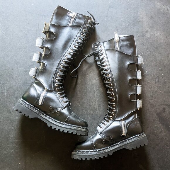 Vintage Demonia Goth Punk Boots 20 Eyelet Buckles Zippers Straps Size 5 - Picture 1 of 9